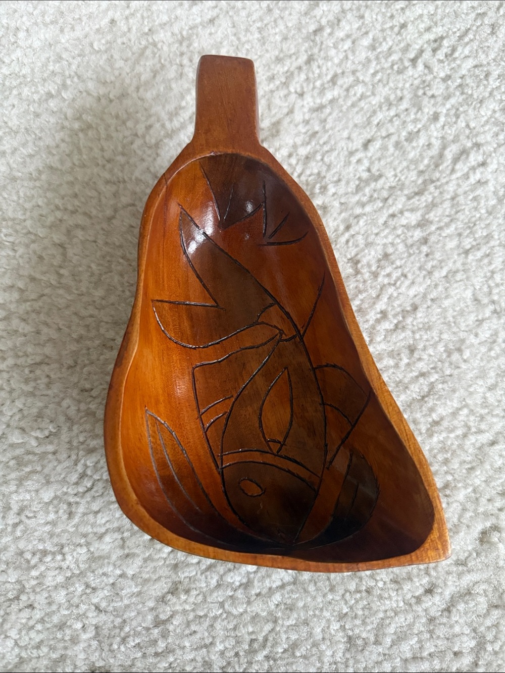 Handcrafted Brown Wooden Serving Scoop with Fish Carving